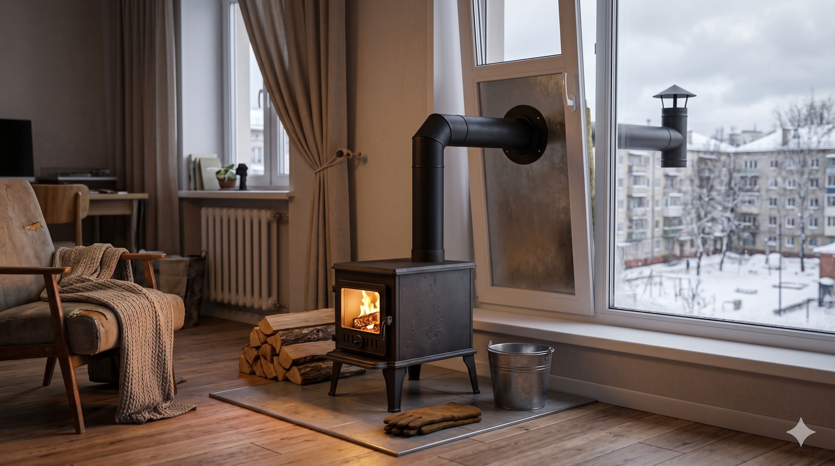 Der Zeltofen in der Wohnung: Notfall-Schornsteinlösungen durch das Fenster