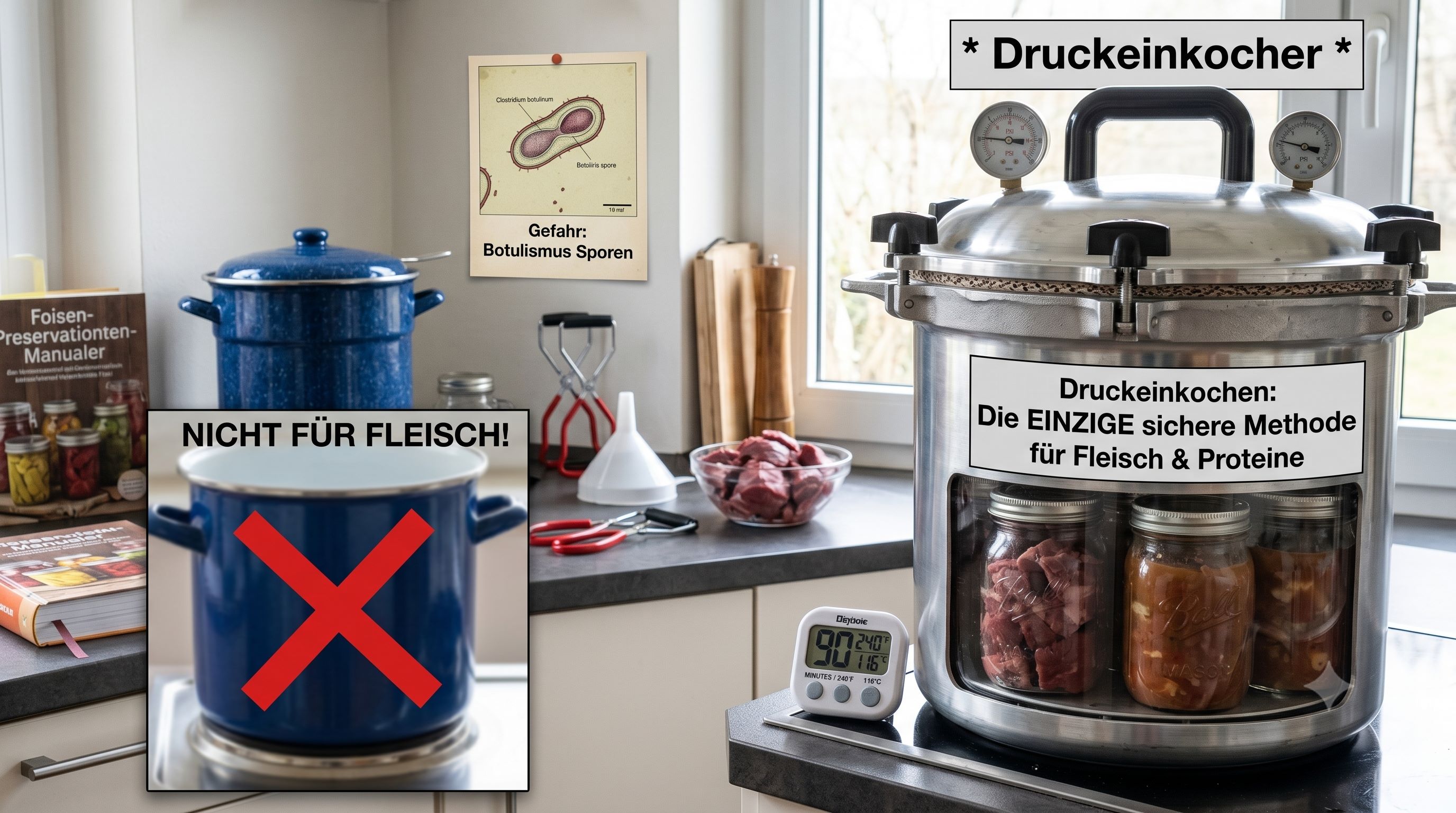 Die Botulismus-Gefahr: Warum Fleisch und Proteine nur im Druckeinkocher (Pressure Canner) sicher sind