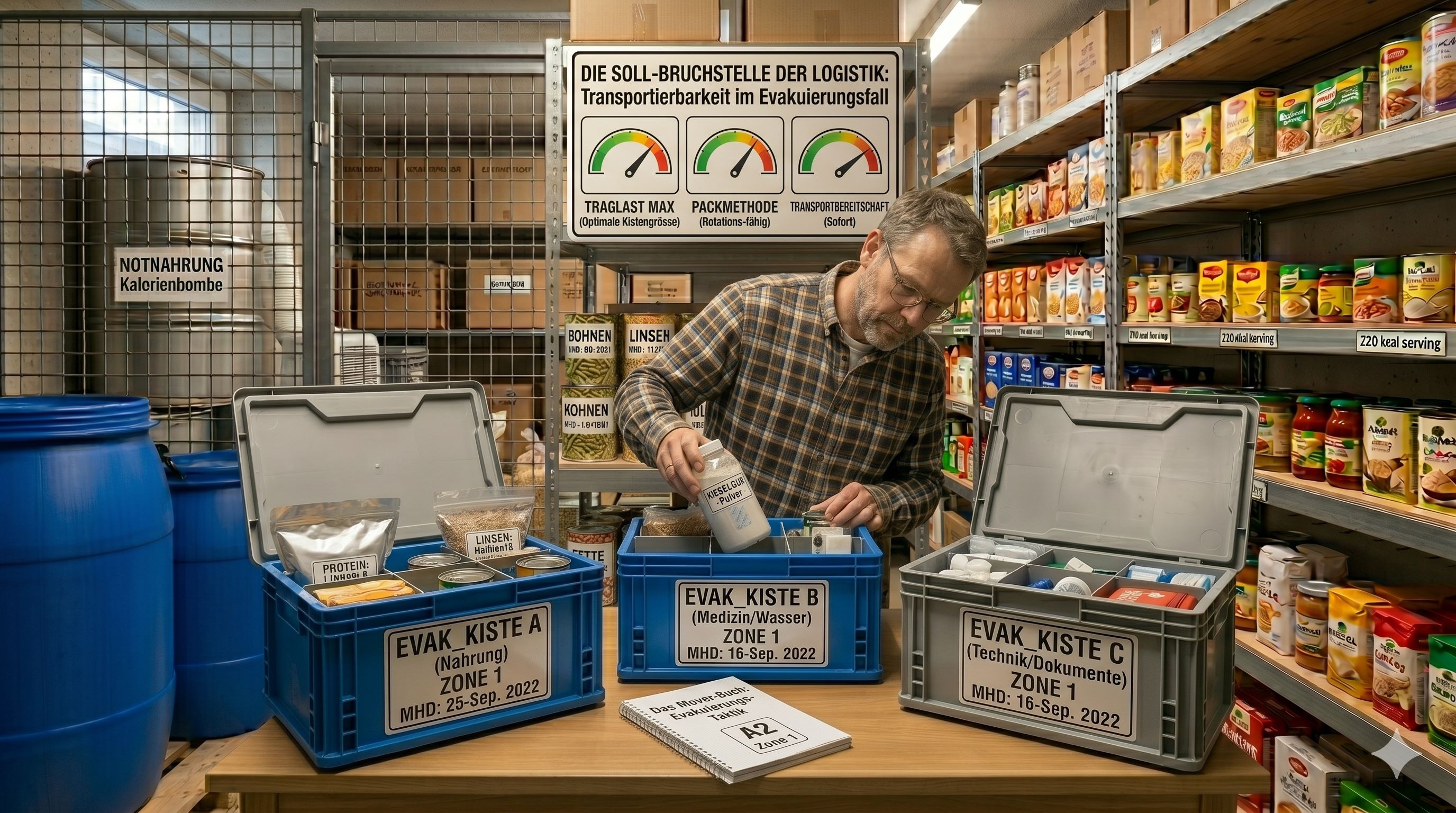 Die "Soll-Bruchstelle" der Logistik: Transportierbarkeit des Vorrats im Evakuierungsfall (Mover-Kisten)