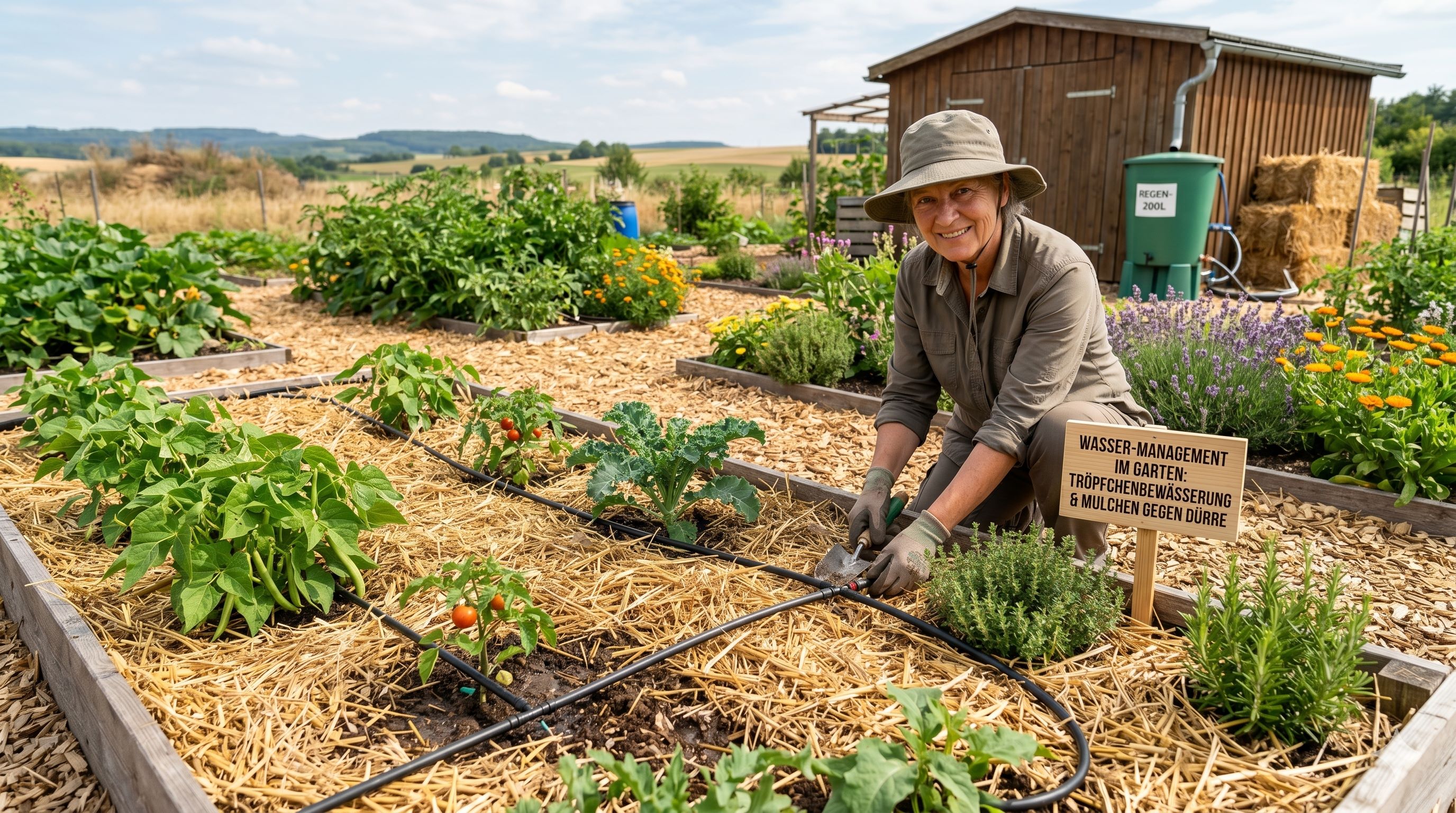 Wasser-Management im Garten: Tröpfchenbewässerung und Mulchen gegen Dürre