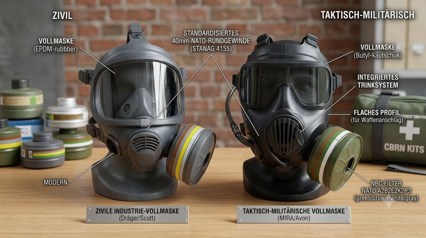 Gasmasken im Vergleich: Militärische vs. zivile Vollmasken (Dräger, Scott, Mira)